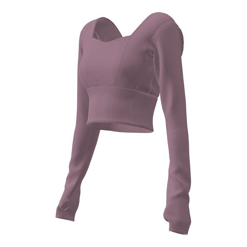Long Sleeve Square Neck Plain Padded Crop Yoga Top Product Image