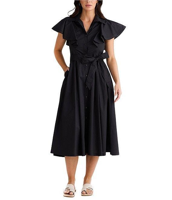 Brave + True Marigold Cotton Ruffle Sleeve Collared V-Neck Button Front Midi Dress Product Image