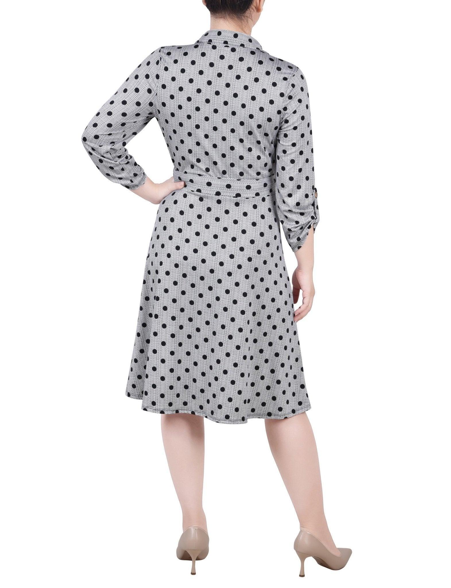 Black White Abstract Dot 3/4 Slv Roll Tab Shirtdress - Petite Product Image