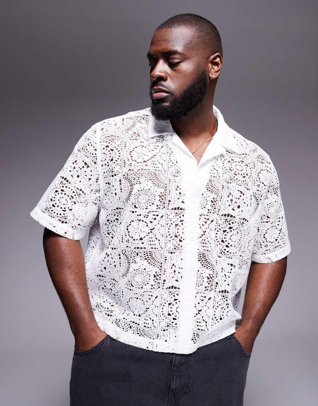 ASOS DESIGN premium boxy camp collar shirt in white lace Product Image