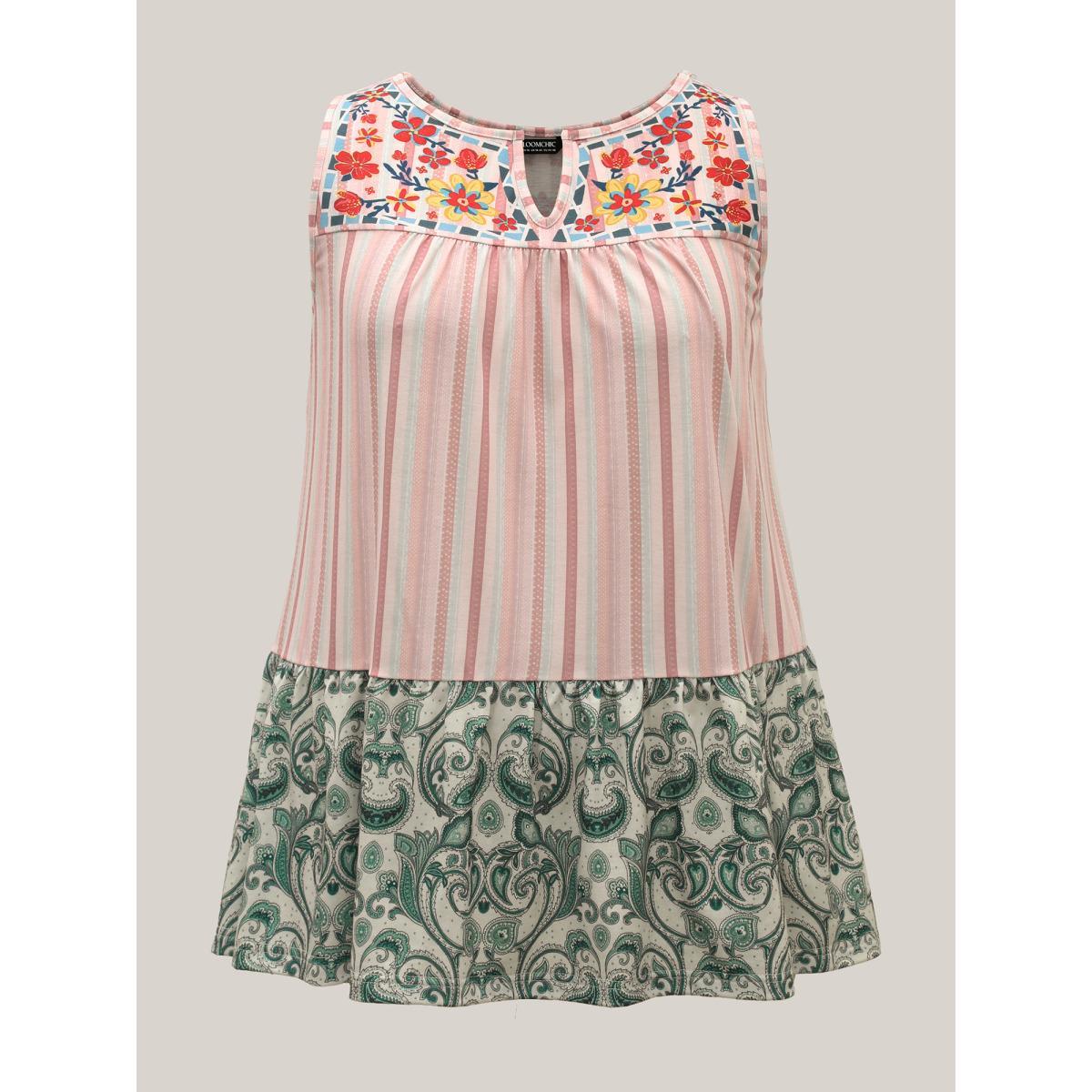 Plus Size Striped Print Spliced Ruffled Tank Top Women Multicolor Gathered Flat collar with V-notch Everyday-Elegant Tank Tops Camis BloomChic 14-16/1X Product Image