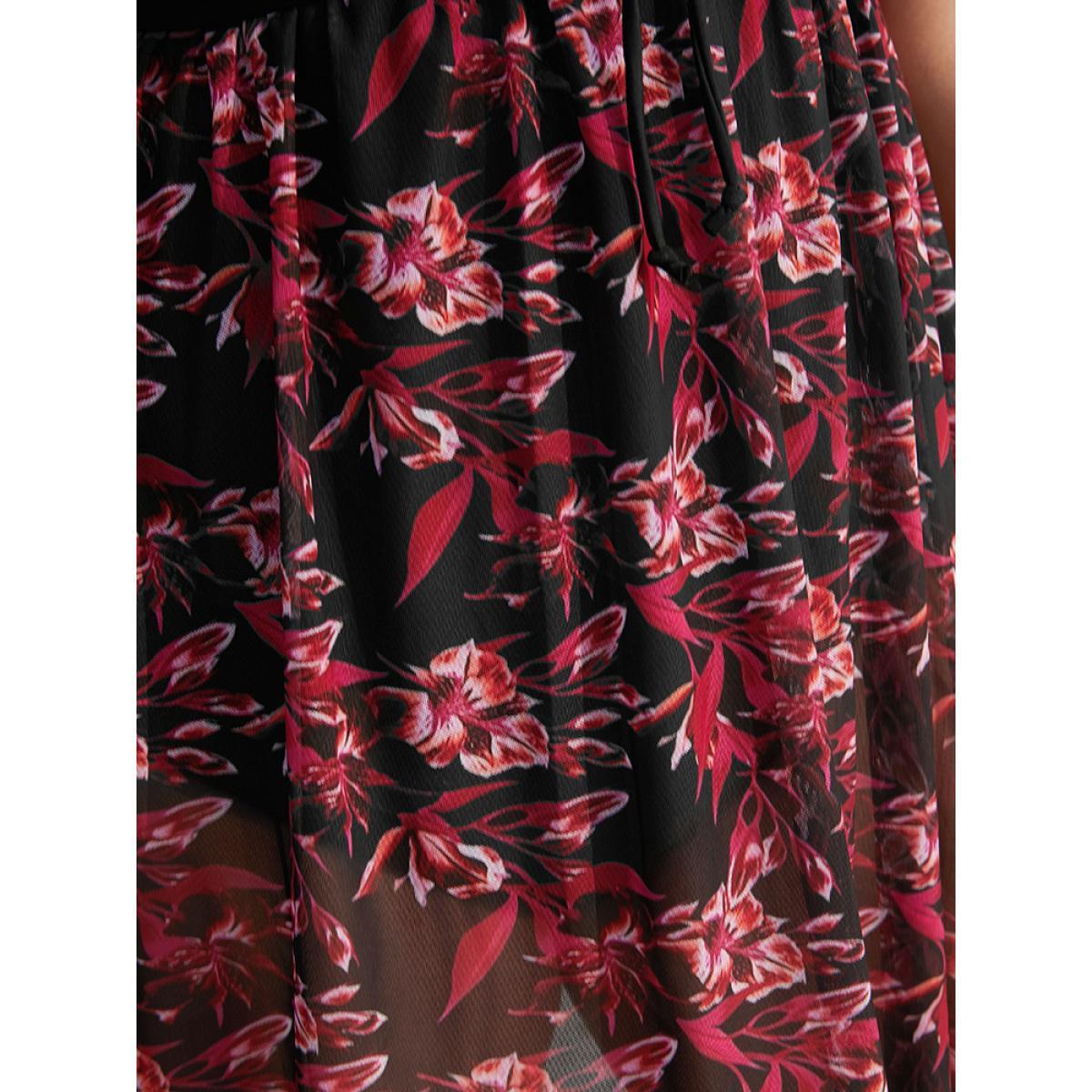 Plus Size Plant Print Drawstring Ruffles Ruched A Line Swim Dress Women's Swimwear Black Vacation Bodycon V-neck High stretch Curve Swim Dresses BloomChic 14-16/1X Product Image