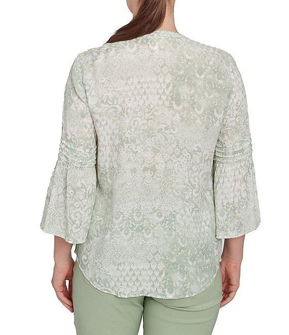 Ruby Rd. Soft Silky Slub Patchwork Band V-Neck 3/4 Bell Sleeve Pleated Flowy Blouse Product Image