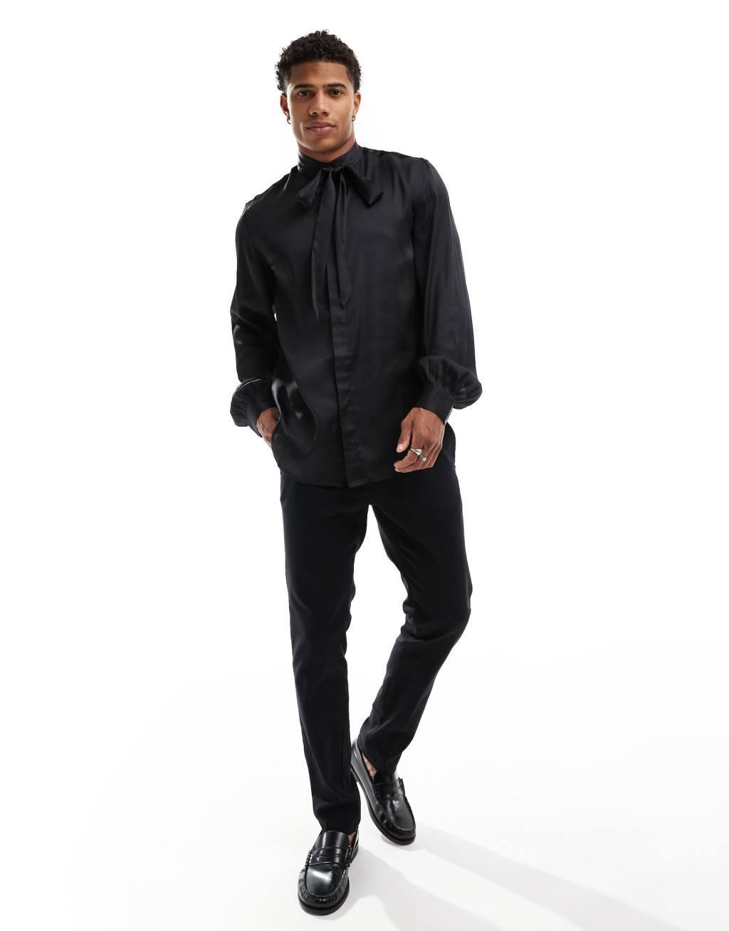 ASOS DESIGN satin regular shirt with tie neck and blouson volume sleeve Product Image