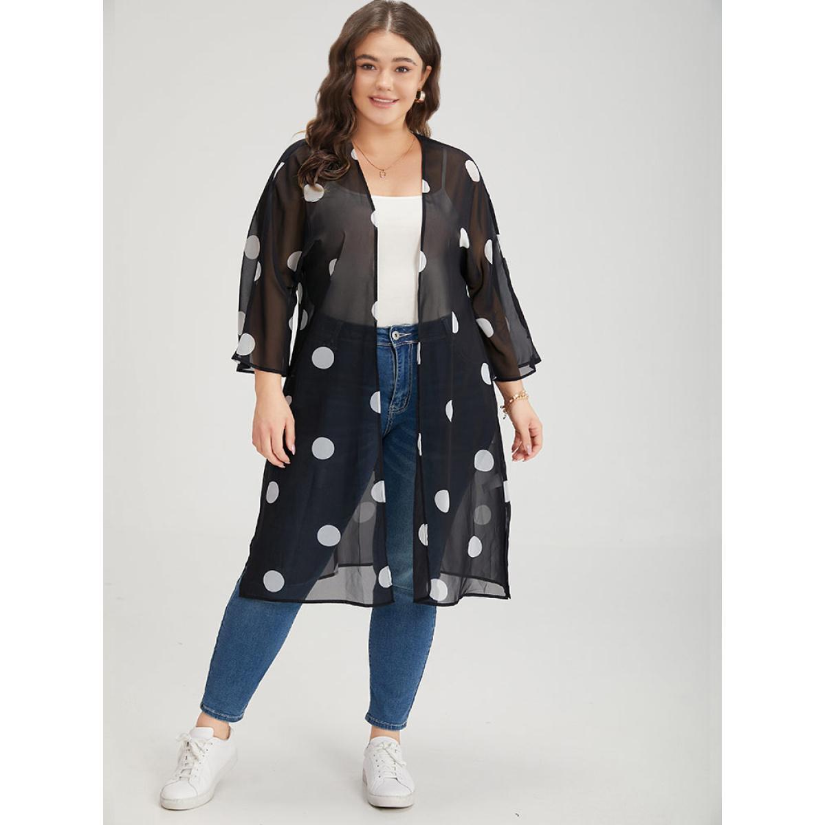 Plus Size Polka Dot Mesh Drape Open Front Kimono Women Black Casual Drape Loose Dailywear Kimonos BloomChic 30/6X Product Image