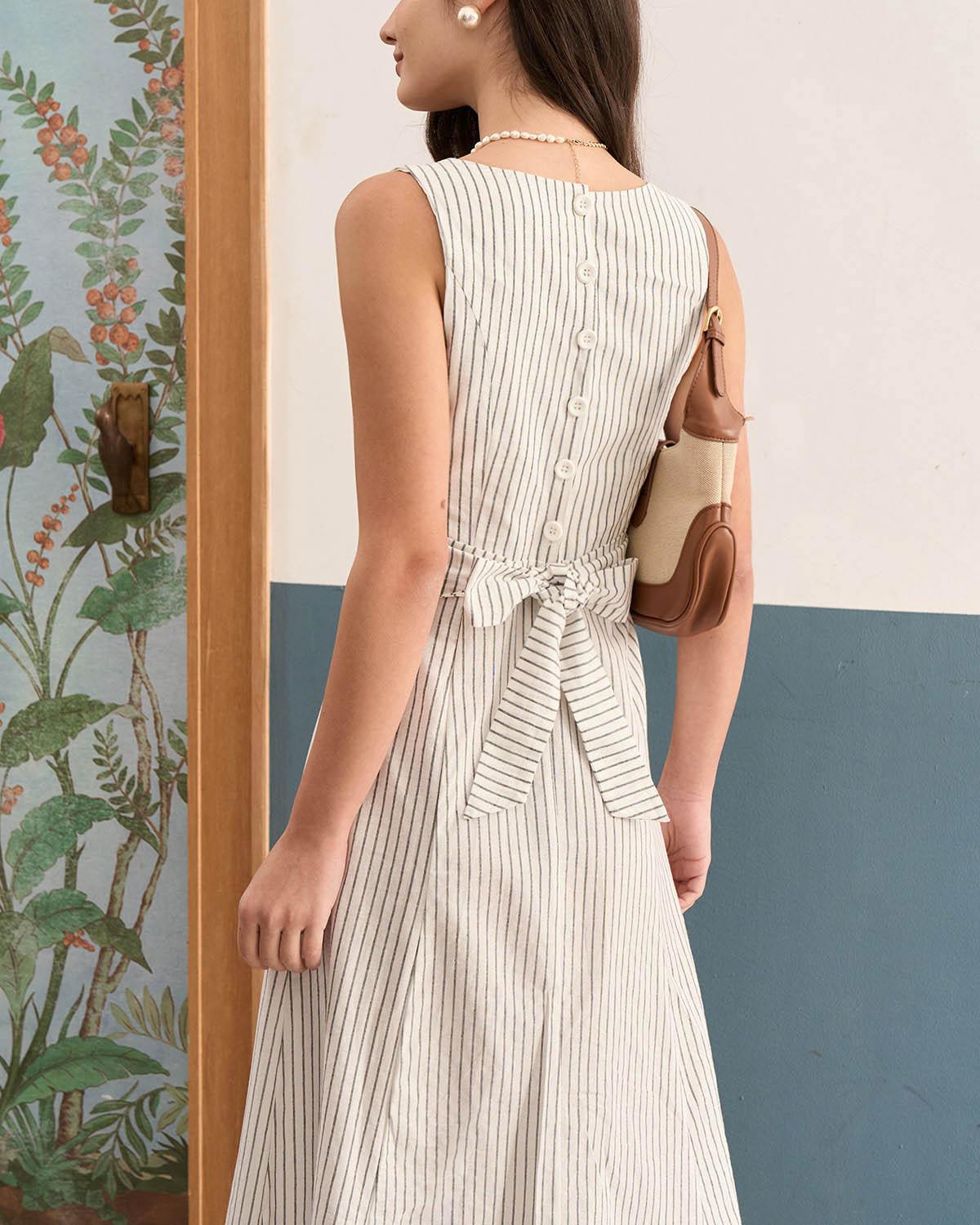 The White Square Neck Striped Midi Dress Product Image