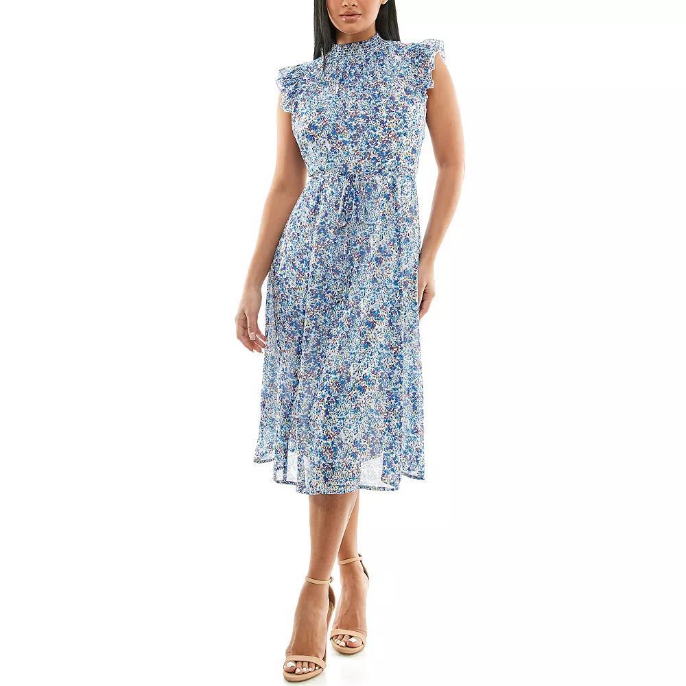Womens Nina Leonard Smocked Flutter Sleeve Print Dress Product Image
