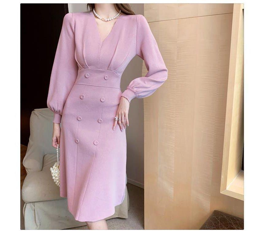 Long-Sleeve V-Neck Plain Double Breasted Midi A-Line Dress Product Image