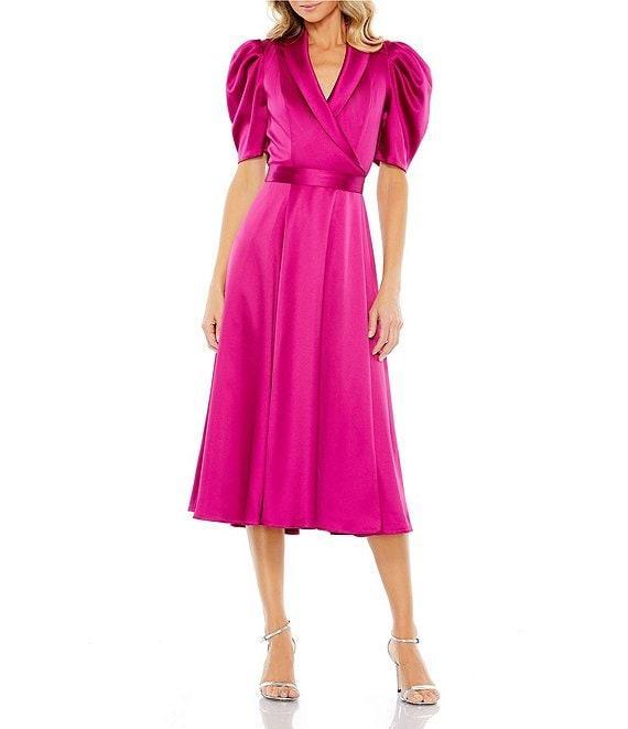 Mac Duggal Satin Surplice V-Neck Short Puffed Sleeve A-Line Midi Dress Product Image