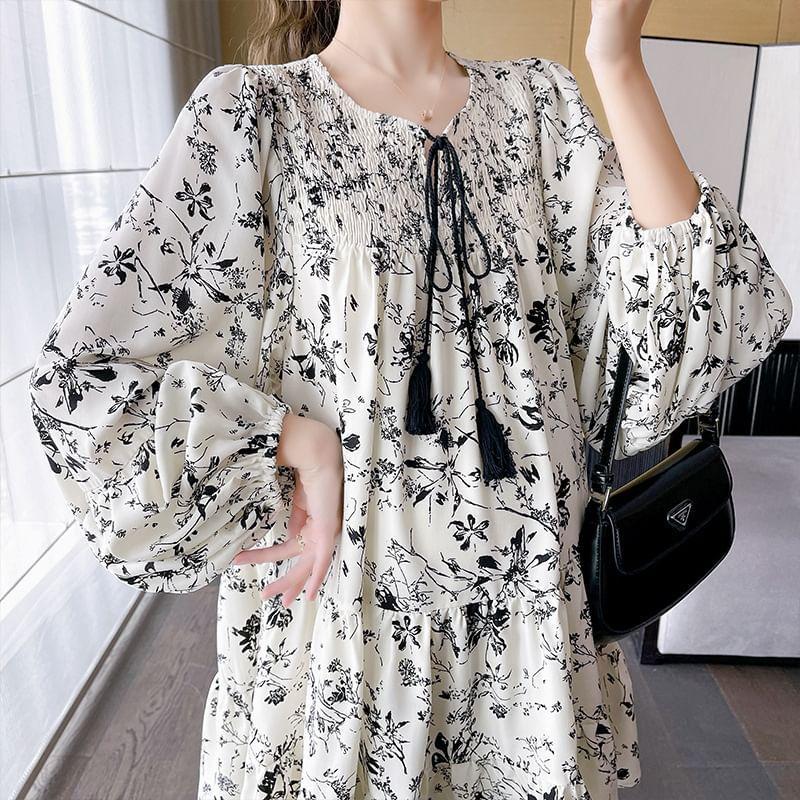 Maternity Long-Sleeve Round Neck Floral Print Tie Front Shirred Mini A-Line Dress Product Image