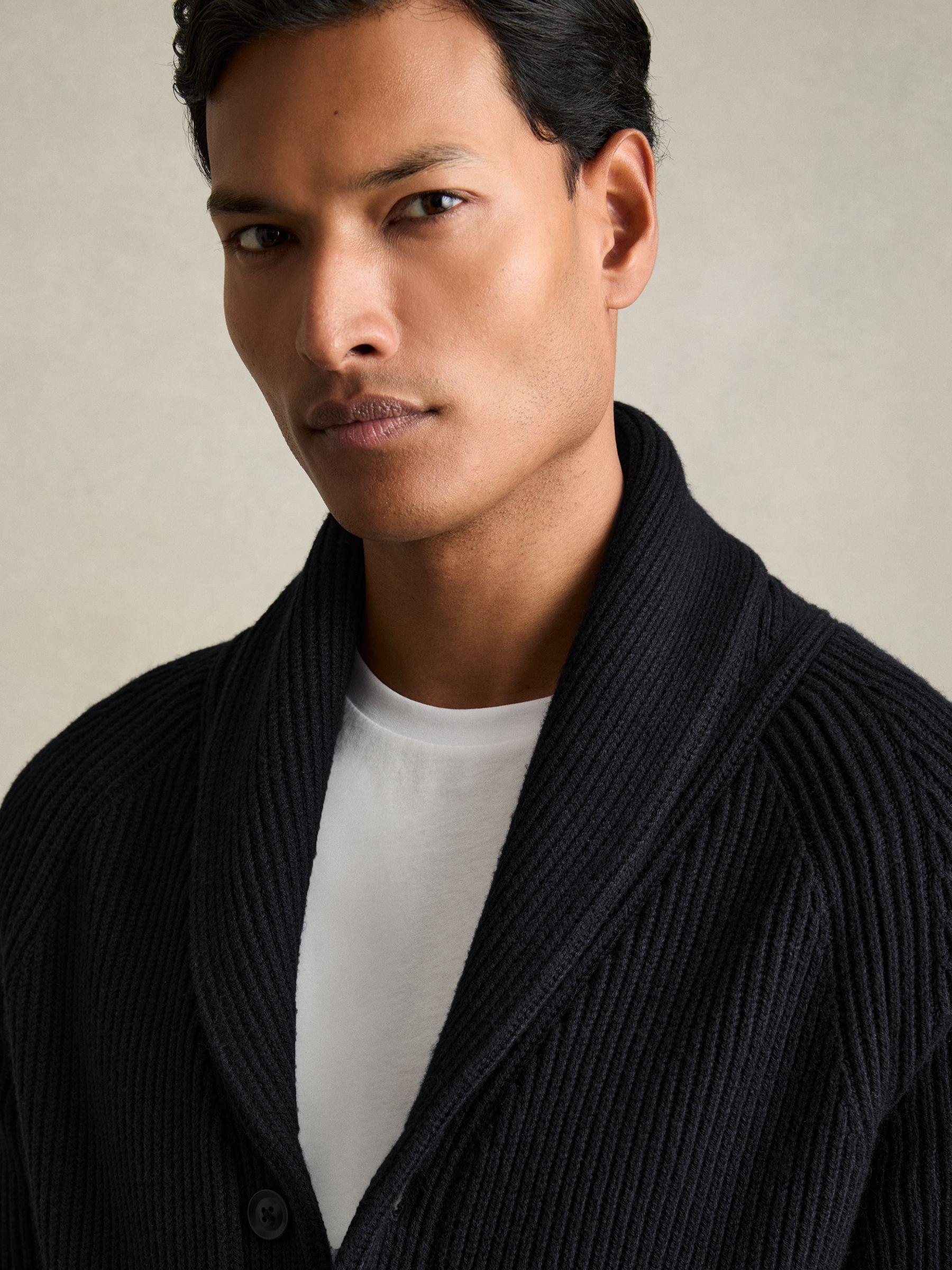 Ribbed Shawl-Collar Cardigan with Cotton and Wool in Navy Product Image