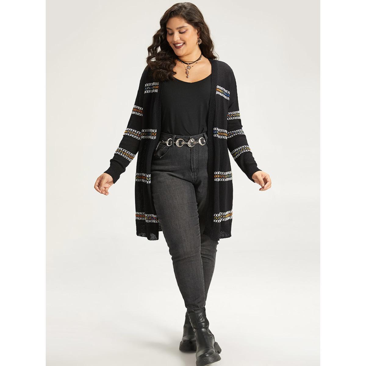 Plus Size Halloween Rainbow Contrast Drop Shoulder Cardigan Black Women Casual Loose Long Sleeve Festival-Halloween Cardigans BloomChic 18-20/2X Product Image