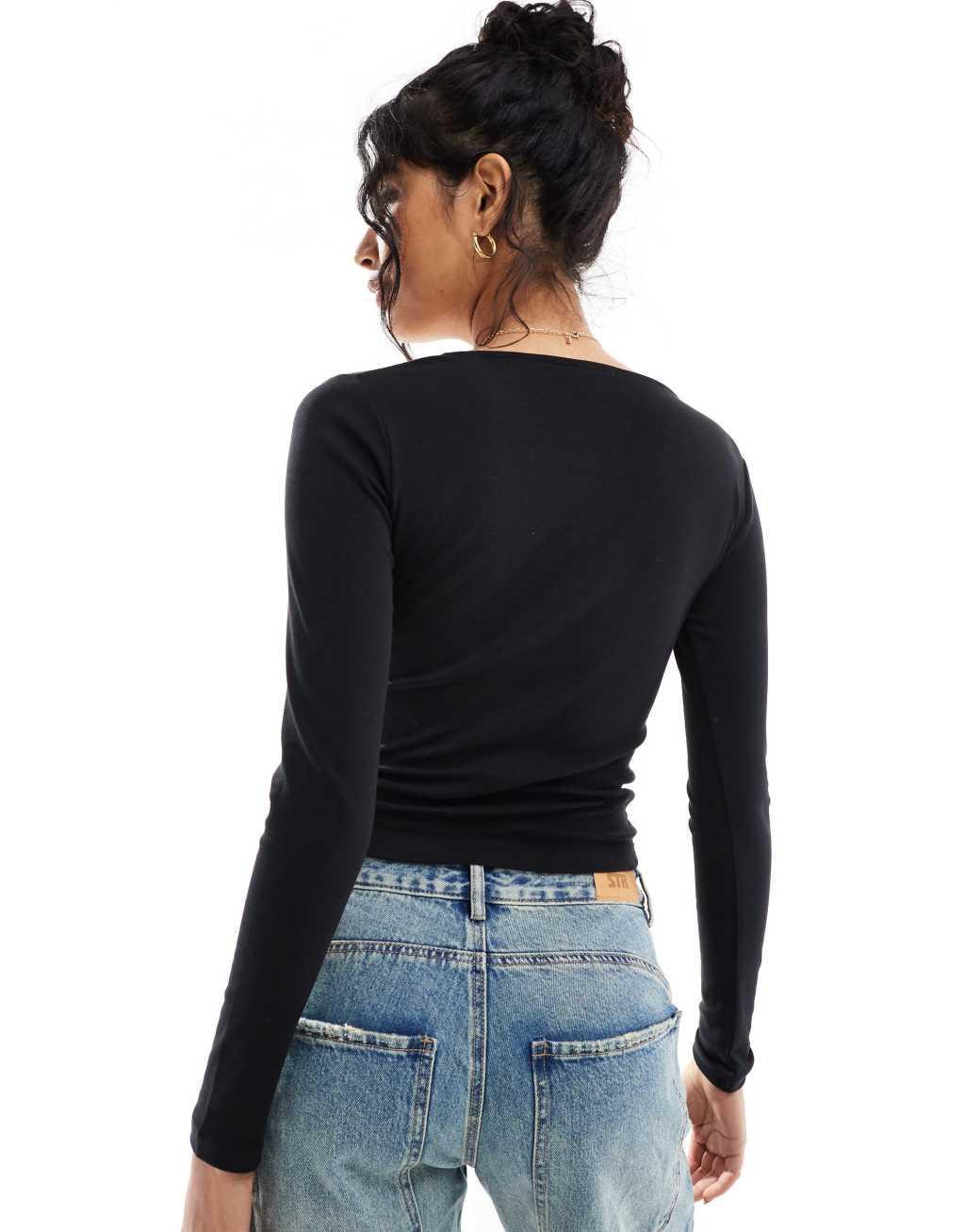 Cotton On long sleeve square neck crop top in black Product Image