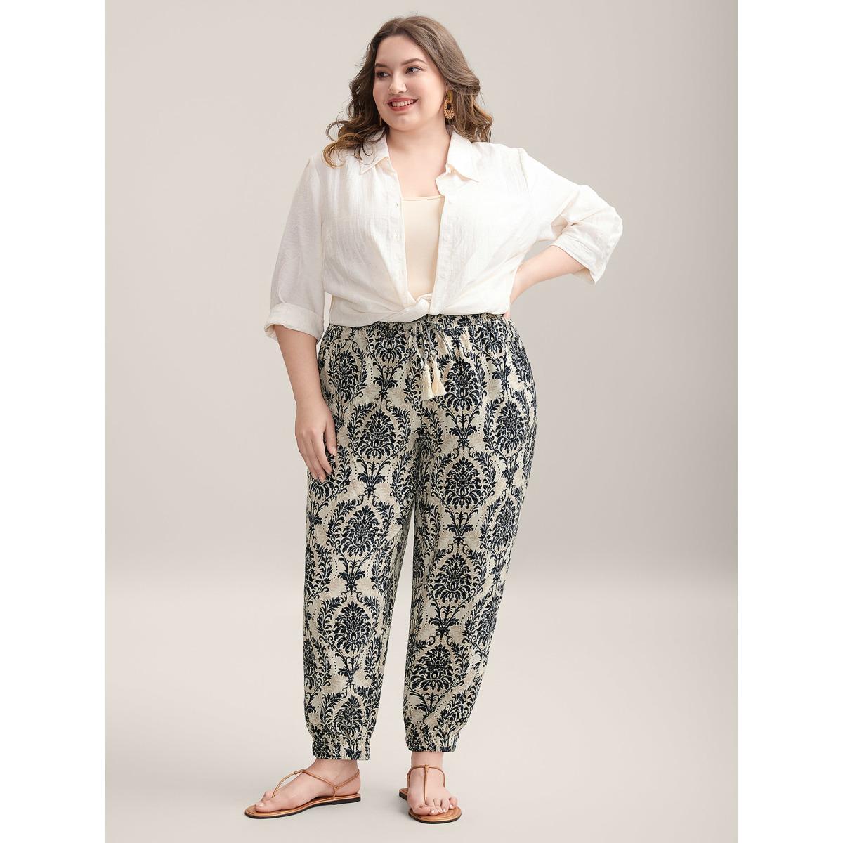 Plus Size Damask Print Shirred Tie Jogger Pants Women Midnight Resort Bodycon Mid Rise Vacation Pants BloomChic 26/4X Product Image