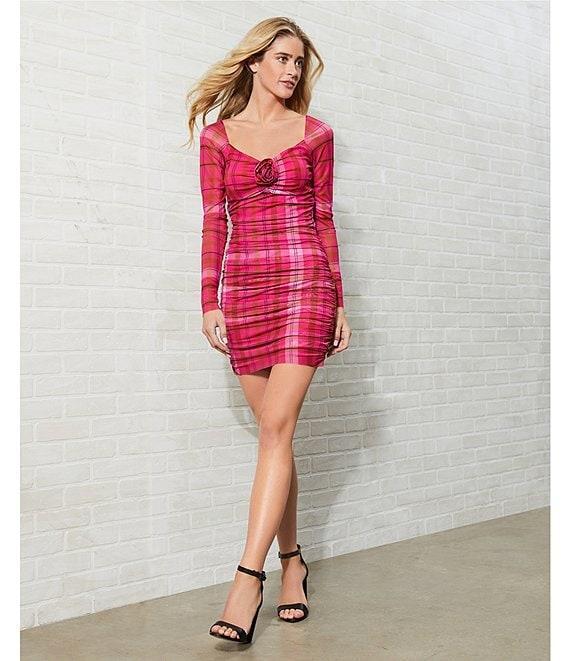 C&V Chelsea & Violet Long Sleeve Plaid Printed Rosette Mesh Dress Product Image