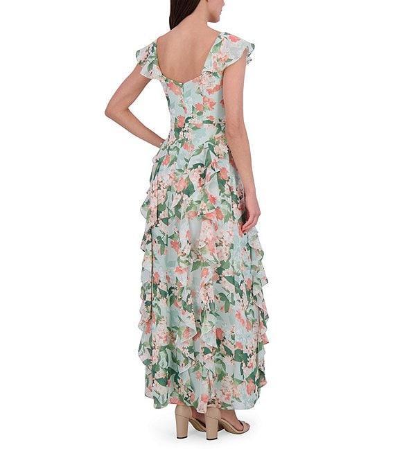Eliza J Chiffon Floral Print V Neck Cap Sleeve Ruffle Fit and Flare Gown Product Image