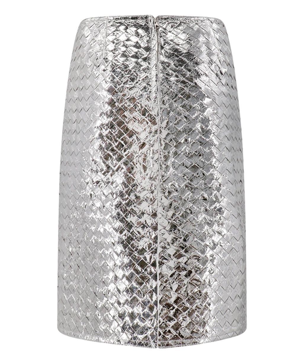 BOTTEGA VENETA Intrecciato-leather Midi Skirt In Silver Product Image