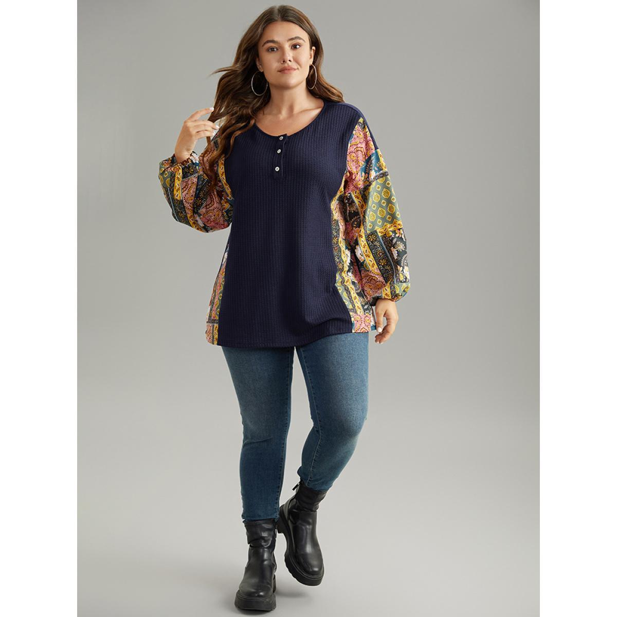 Plus Size Boho Print Button Up Patchwork Lantern Sleeve Sweatshirt DarkBlue Women Casual Elastic cuffs Bohemian Print Open Front Dailywear T-shirts BloomChic 12/L Product Image