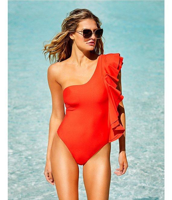 Antonio Melani Solid One Shoulder Ruffle One Piece Swimsuit Product Image