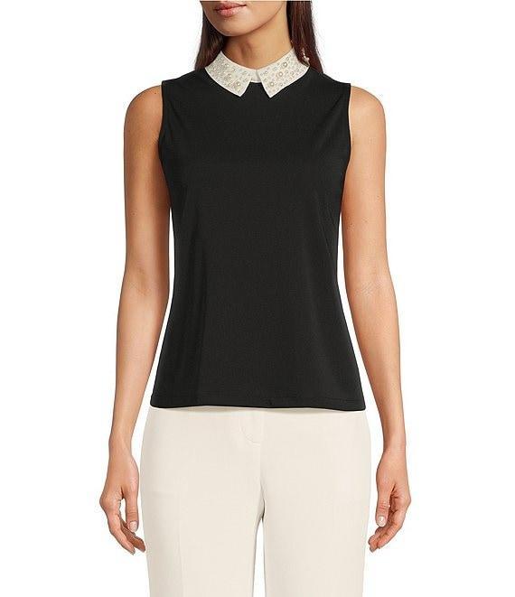 KARL LAGERFELD PARIS Knit Matte Jersey Pearl Collar Sleeveless Top Product Image