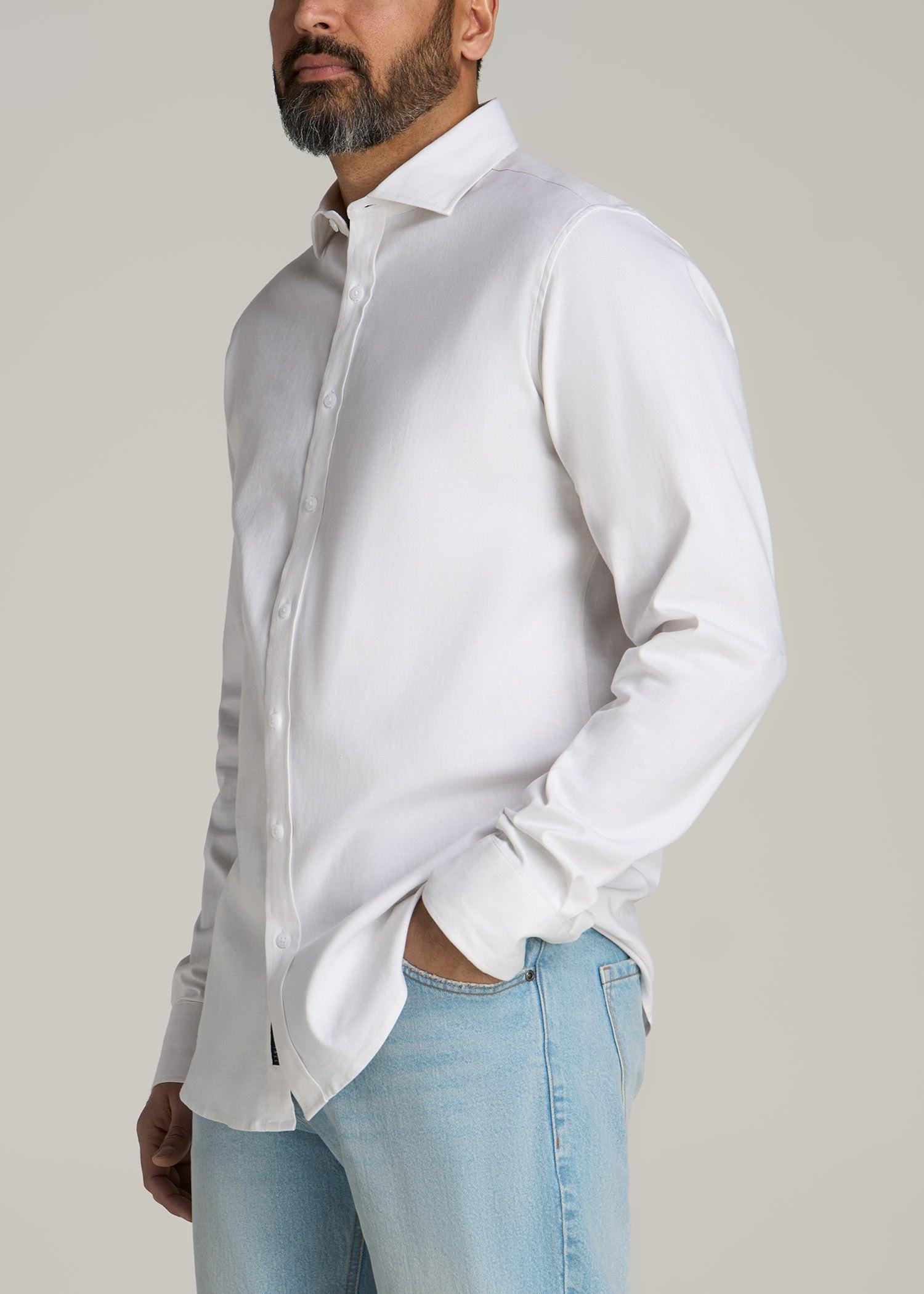 Stretch Linen Dress Shirt for Tall Men in White Product Image