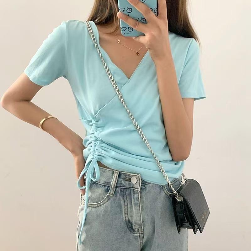 Short-Sleeve V-Neck Plain Drawstring T-Shirt Product Image