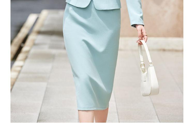 Set: Lapel Collar Plain Single Breasted Blazer + Mid Rise Plain Midi Pencil Skirt Product Image