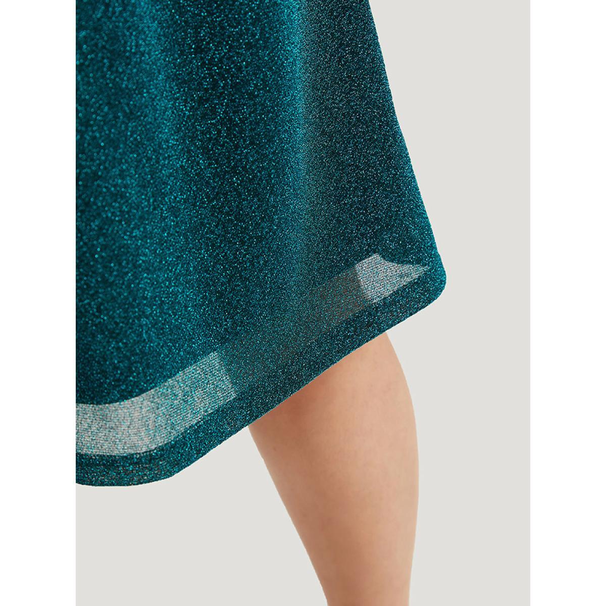 Plus Size Glitter Overlap Collar Pocket Ruched Dress Teal Women Elegant Elastic cuffs V-neck Long Sleeve Curvy Midi Dress BloomChic 10/M Product Image