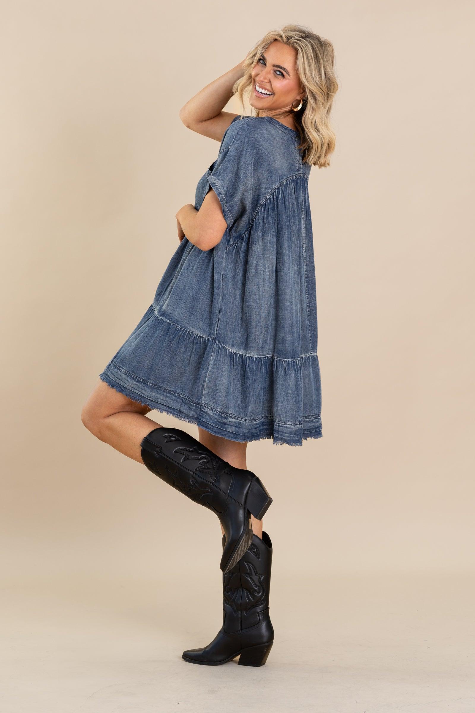 Denim Washed Chambray Oversized Tier Dress Product Image