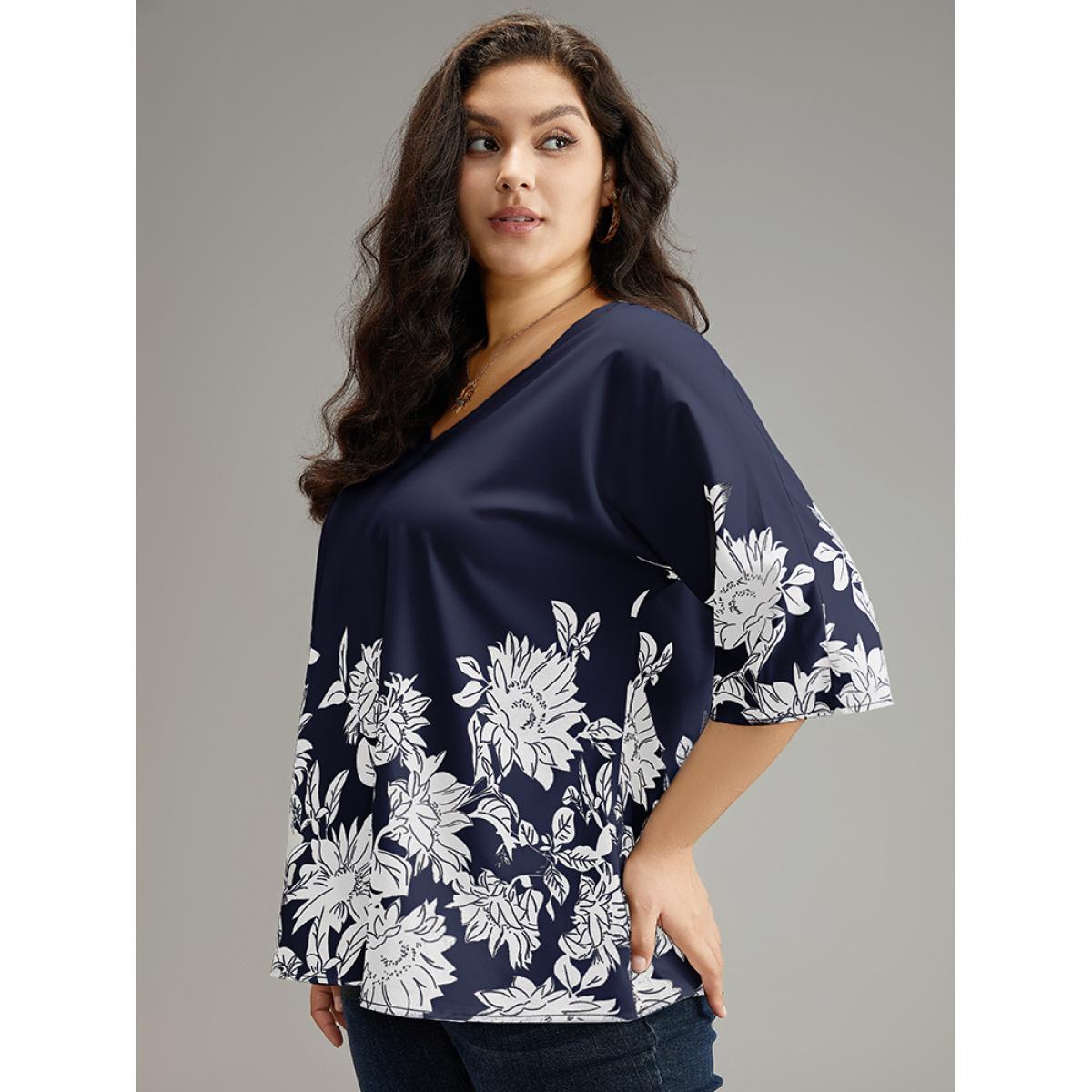 Plus Size Indigo Boho Print V Neck Cut Out Blouse Women Elegant Elbow-length sleeve V-neck Dailywear Blouses BloomChic 14-16/1X Product Image
