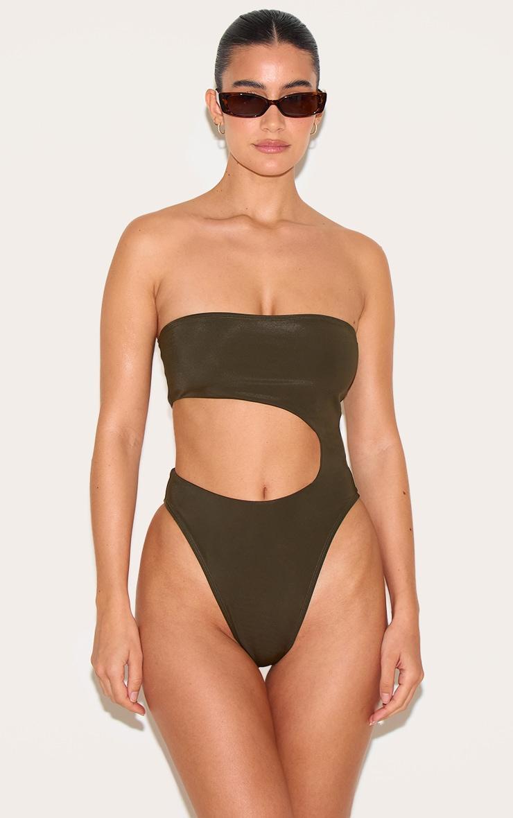 Khaki Bandeau Cut Out High Leg Swimsuit Product Image