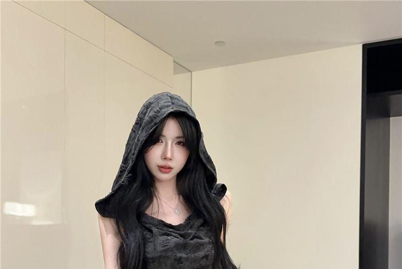 Sleeveless Tie-Dyed Shirred Hooded Mini Bodycon Dress Product Image