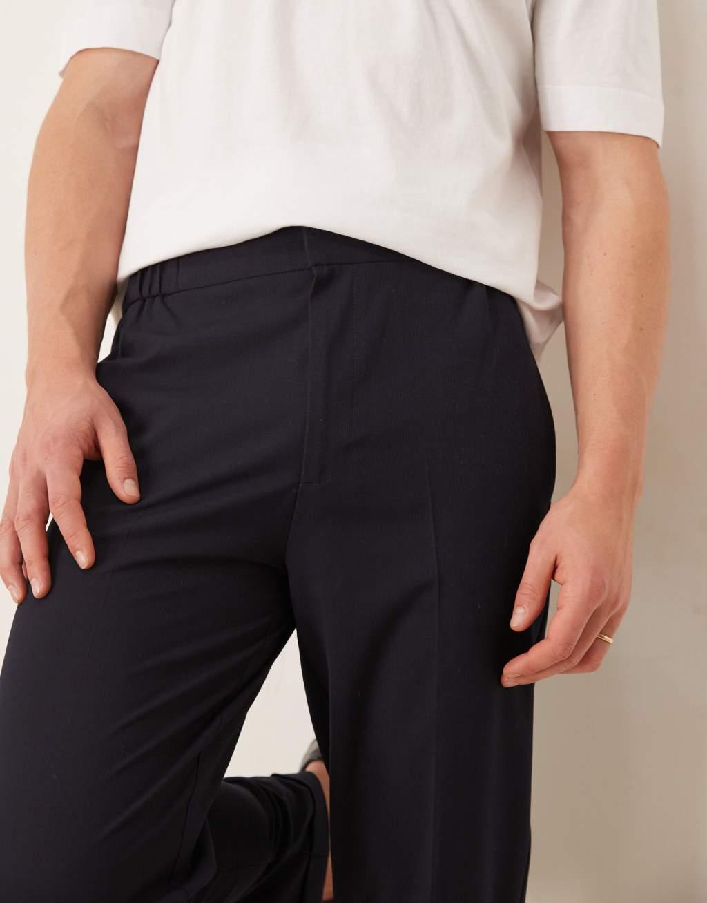 ASOS DESIGN smart tapered fit chino pants with elasticated waistband in navy microtexture Product Image
