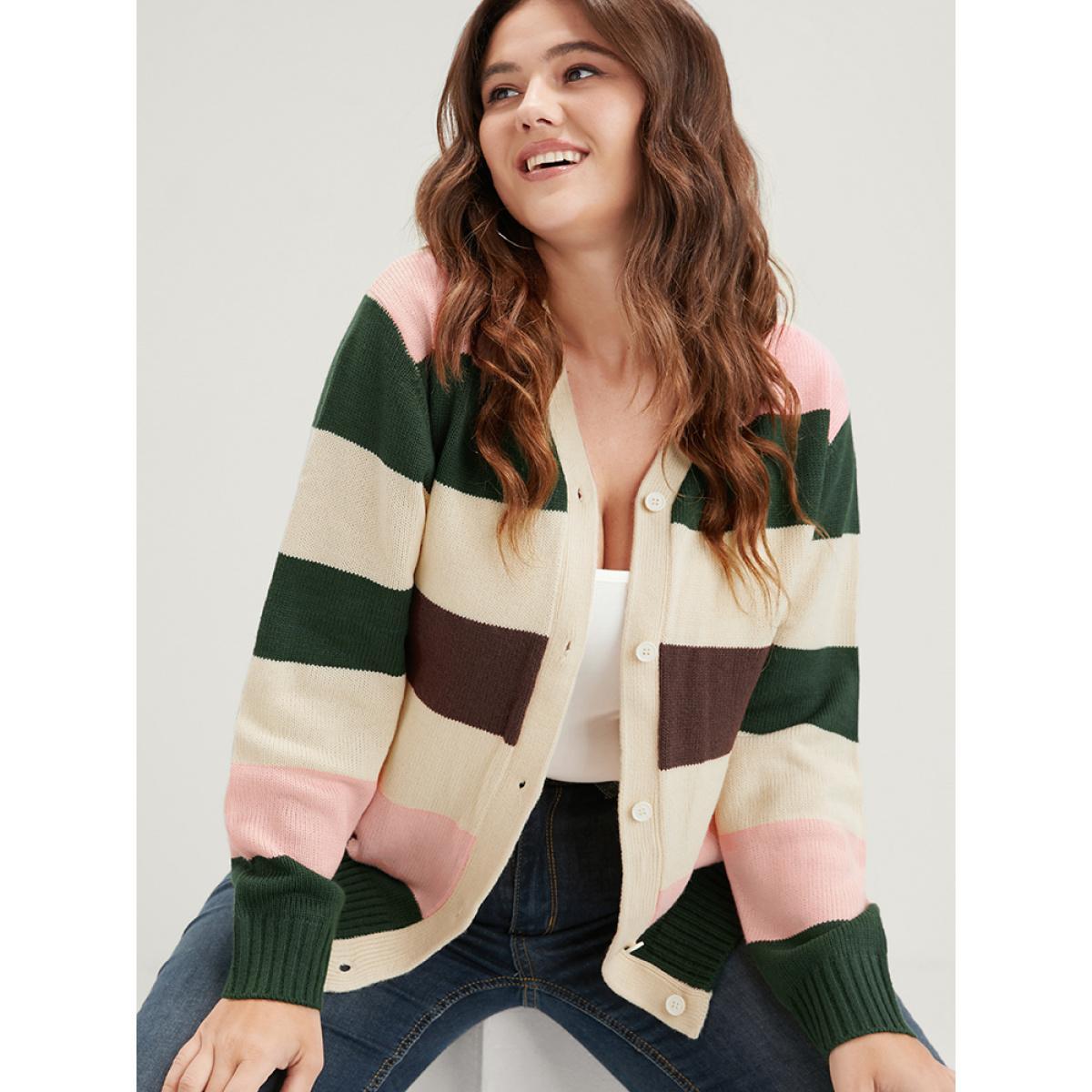 Plus Size Striped Colorblock Contrast Pointelle Knit Button Front Cardigan Beige Women Casual Long Sleeve Dailywear Cardigans BloomChic 26/4X Product Image