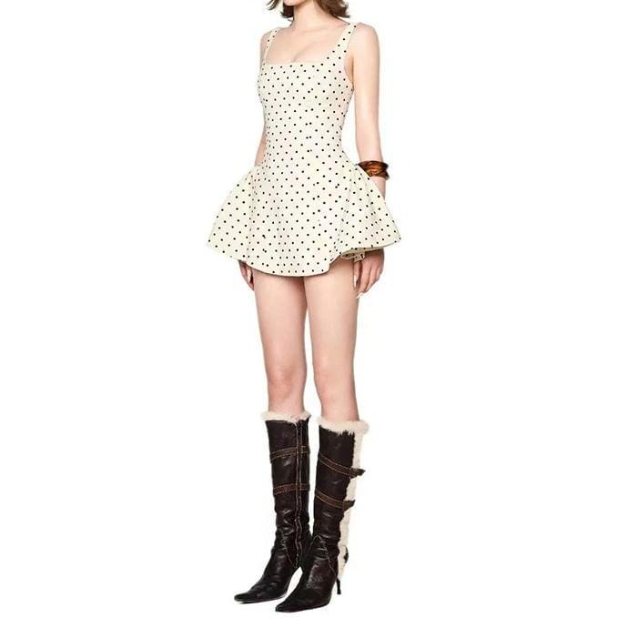 Sleeveless Square Neck Dotted Mini A-Line Dress Product Image
