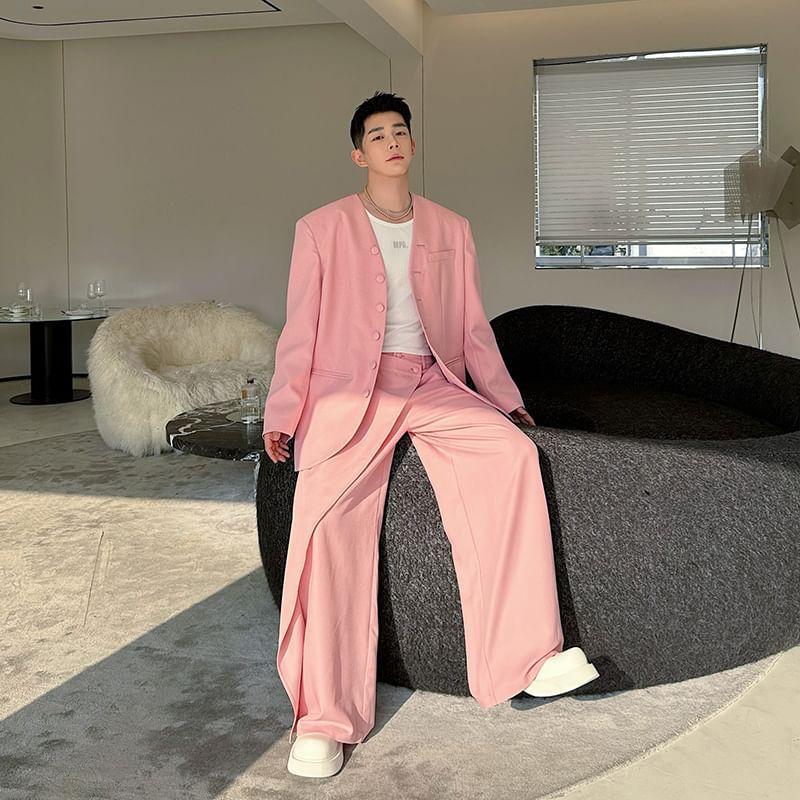 Set: Plain Single-Breasted Blazer + Mid Rise Wrap Wide Leg Pants Product Image