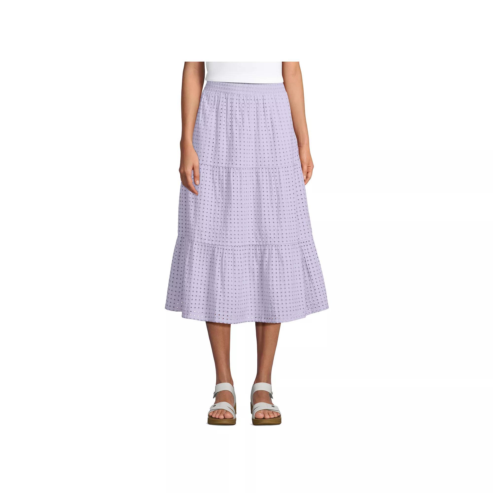 Women's Lands' End Poplin Pull-On Tiered Eyelet Midi Skirt, Size: XS, Purple Frost Product Image