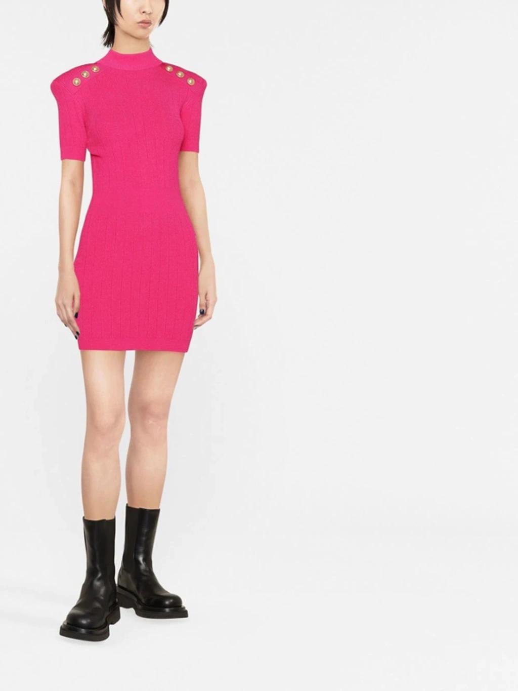 BALMAIN Mock-neck Button Strong-shoulder Knit Mini Dress In Pink Product Image