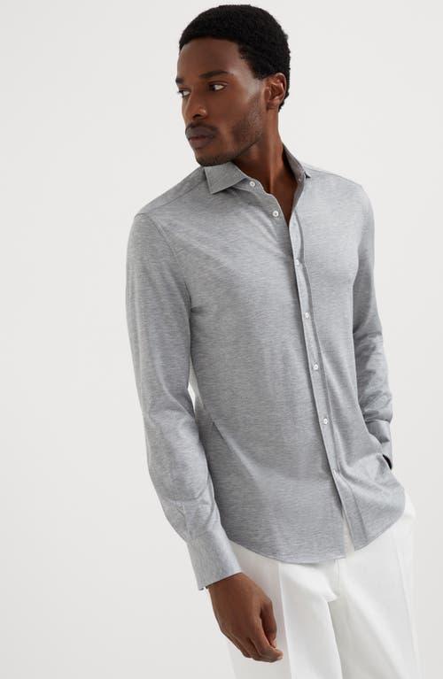 BRUNELLO CUCINELLI Men's Silk And Cotton Jersey Shirt With Spread Collar In Grey Product Image