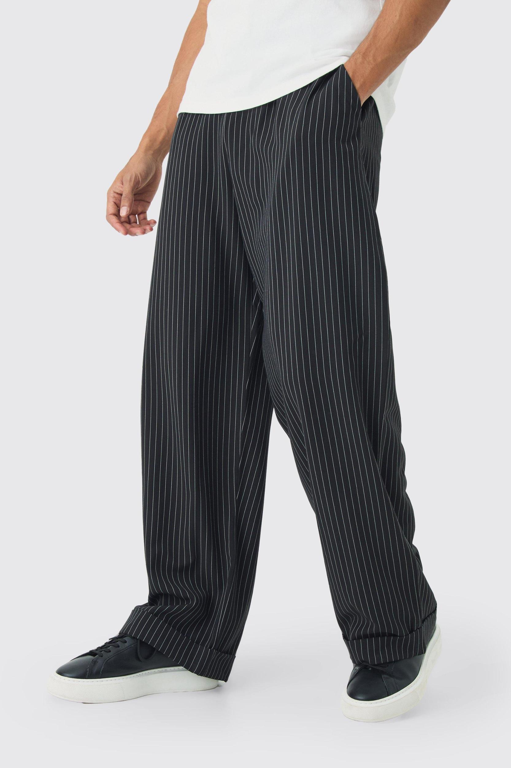 Mens Elasticated Waist Relaxed Pinstripe Turn Up Hem Pants - Navy Product Image