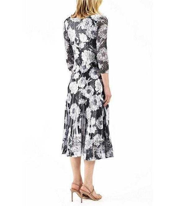 Komarov Charmeuse Floral Lace V-Neck 3/4 Sleeve Pleated Dress Product Image