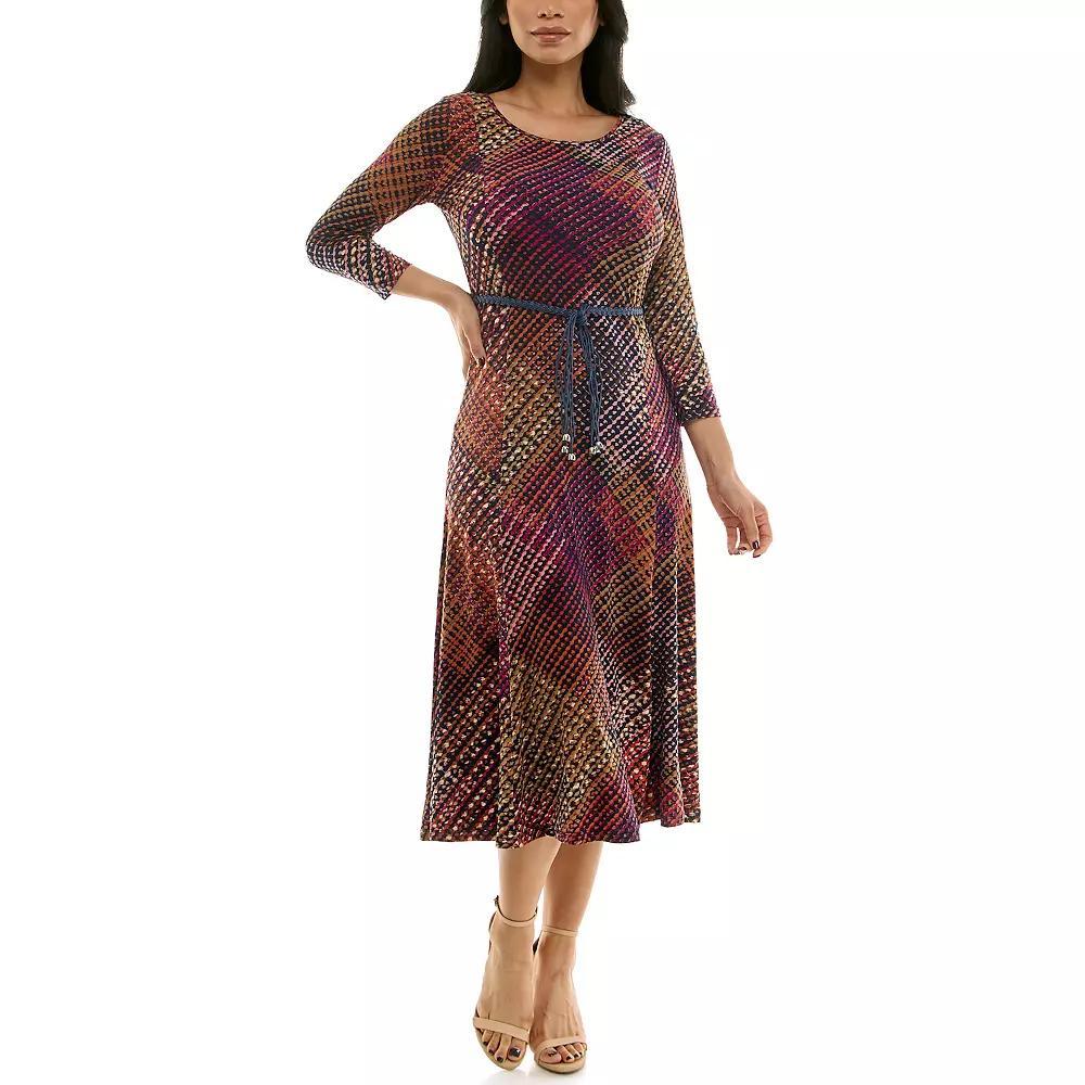 Women's Nina Leonard Sylvia Three-Quarter Sleeve Belted Midi Dress, Size: Medium, Navy Red Product Image
