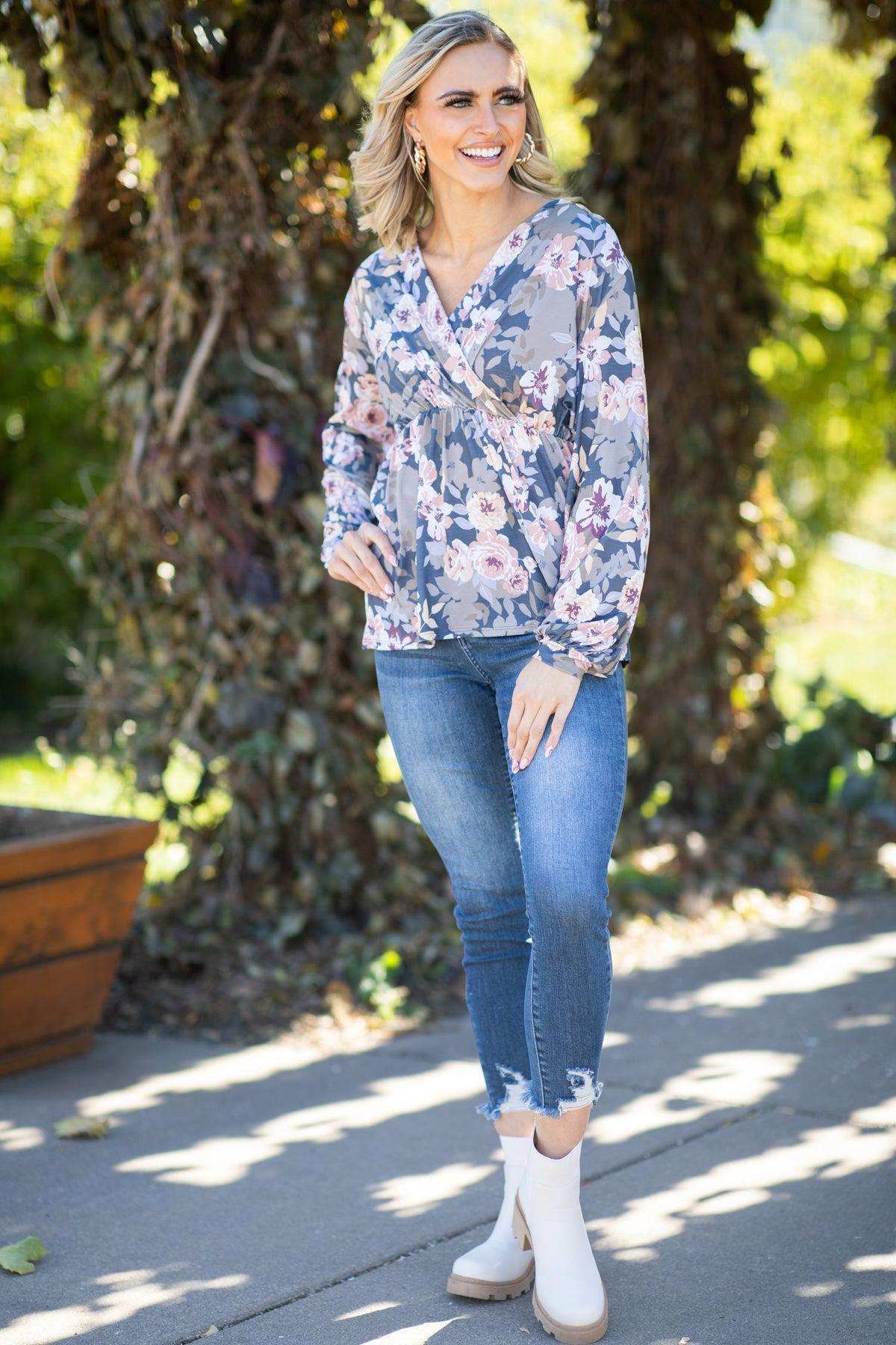 Slate Blue and Dusty Rose Floral Babydoll Top Product Image