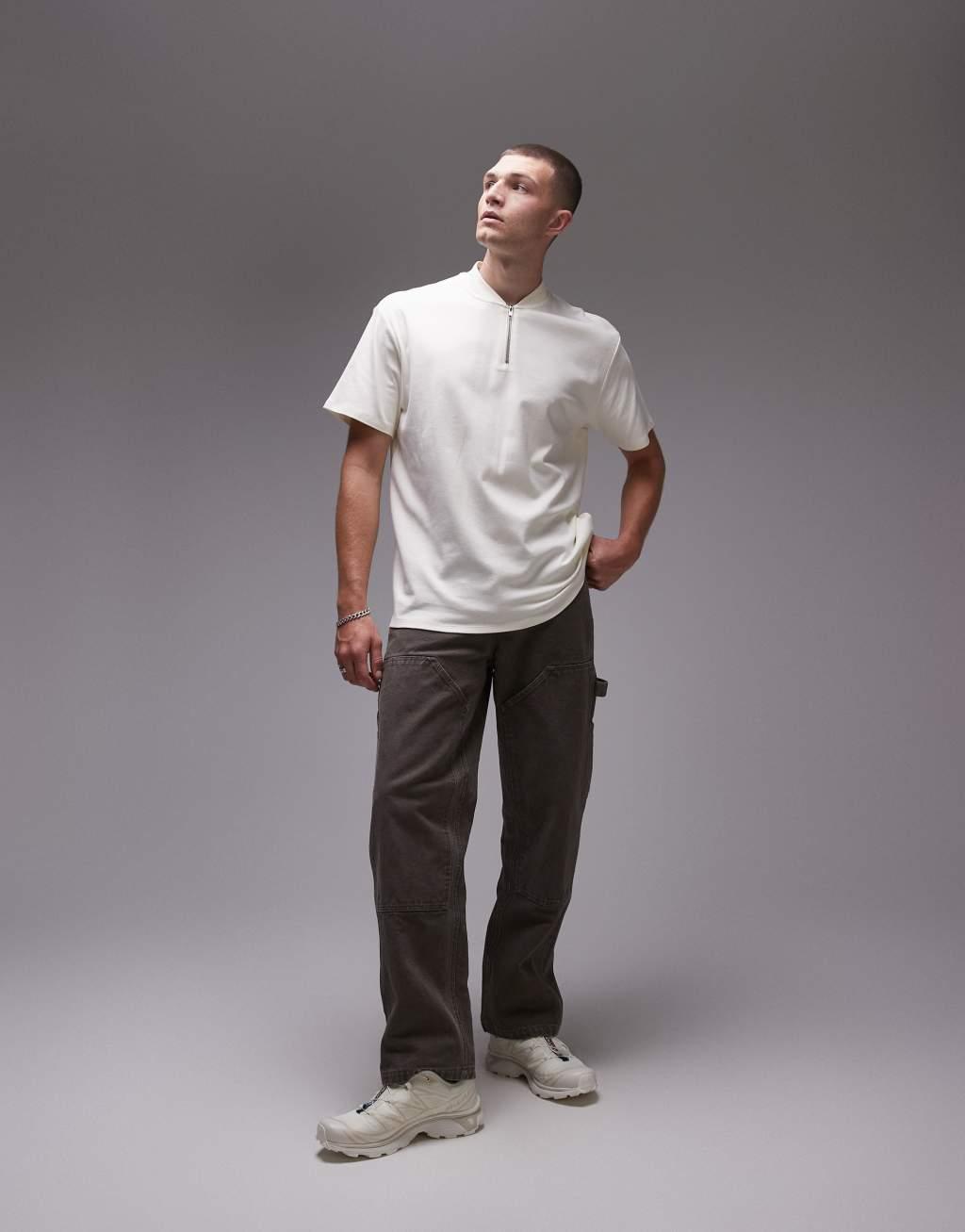 Topman oversized fit polo shirt with zip detail in ecru Product Image