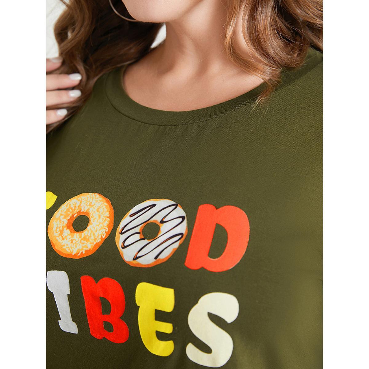 Plus Size Donut & Letter Print Round Neck Graphic Tee ArmyGreen Women Casual Art&design Dailywear T-shirts BloomChic 18-20/2X Product Image