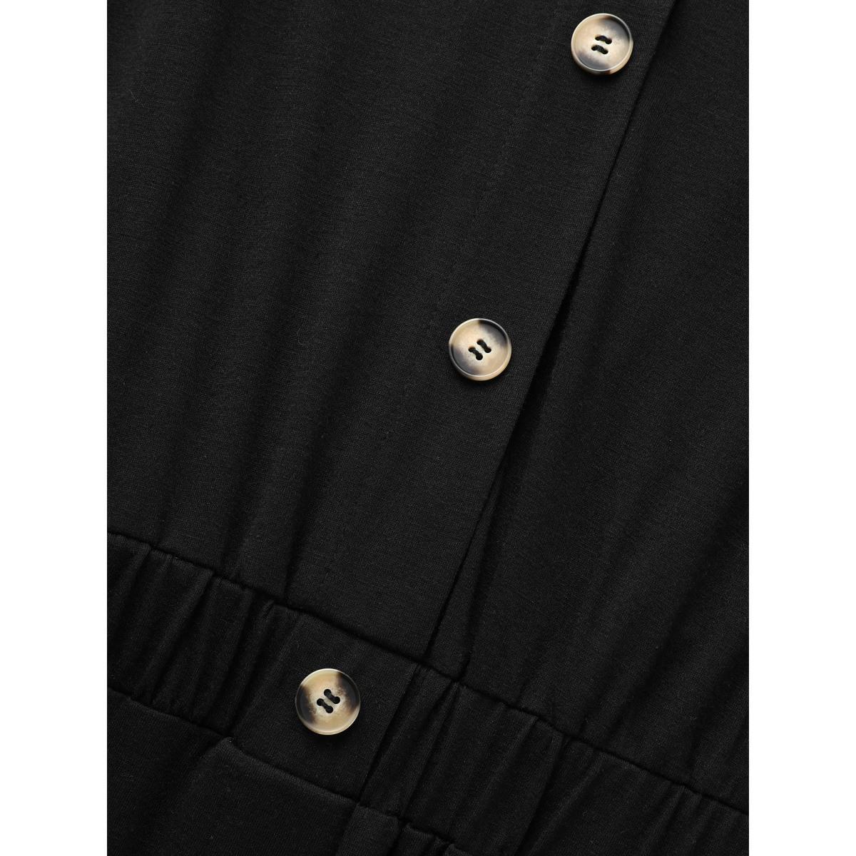 Plus Size Supersoft Essentials Contrast Button Detail Shirred Pocket Dress Black Women Casual Plain V-neck Short sleeve Curvy Midi Dress BloomChic 12/L Product Image