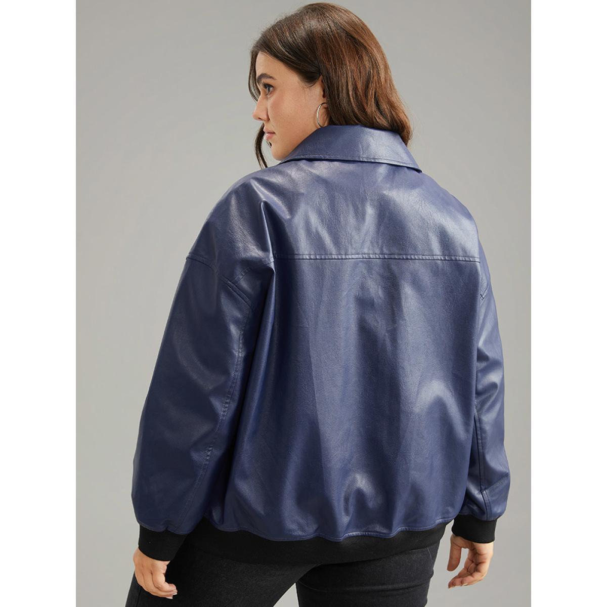Plus Size PU Patchwork Pocket Button Through Jacket Women Indigo Elastic cuffs Dailywear Jackets BloomChic 26/4X Product Image