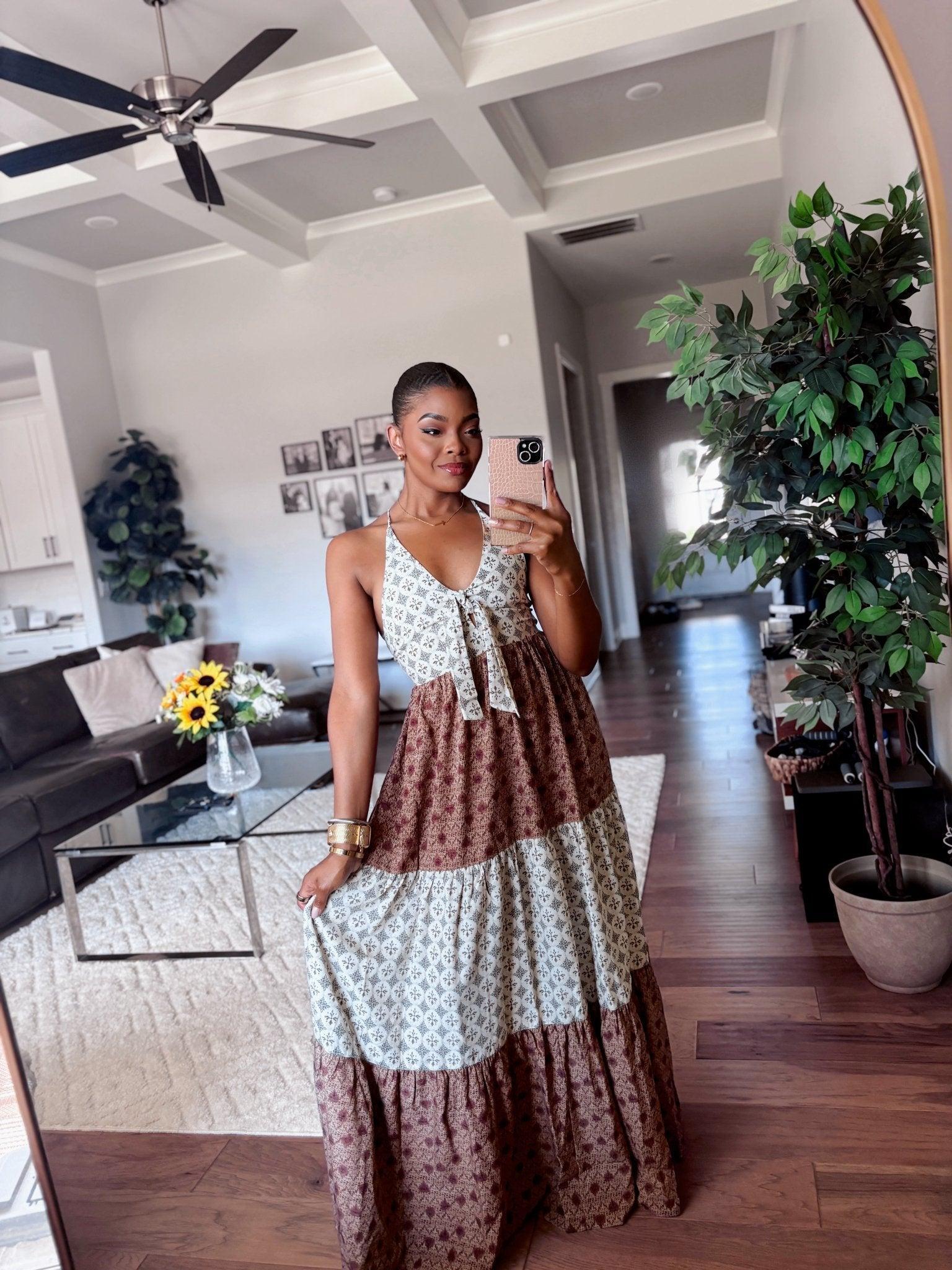 Cream Color Block Halter Maxi Dress Product Image