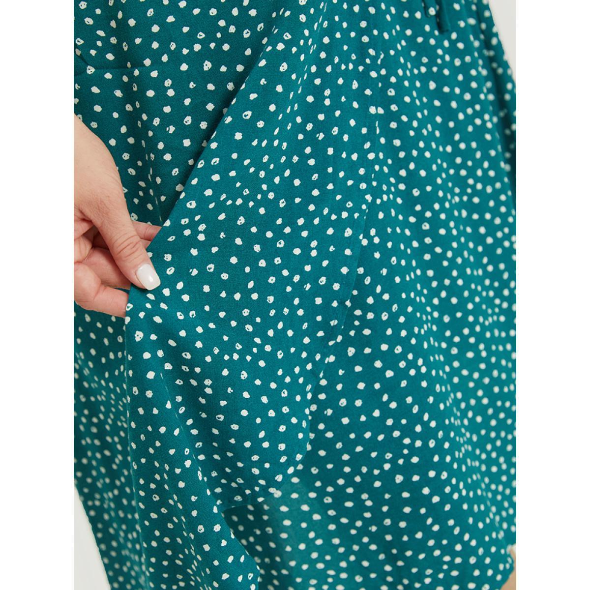 Plus Size Polka Dot Ties Wrap Hem Ruffle Cap Sleeve Dress Emerald Women Elegant Cross straps V-neck Cap Sleeve Curvy Knee Dress BloomChic 26/4X Product Image