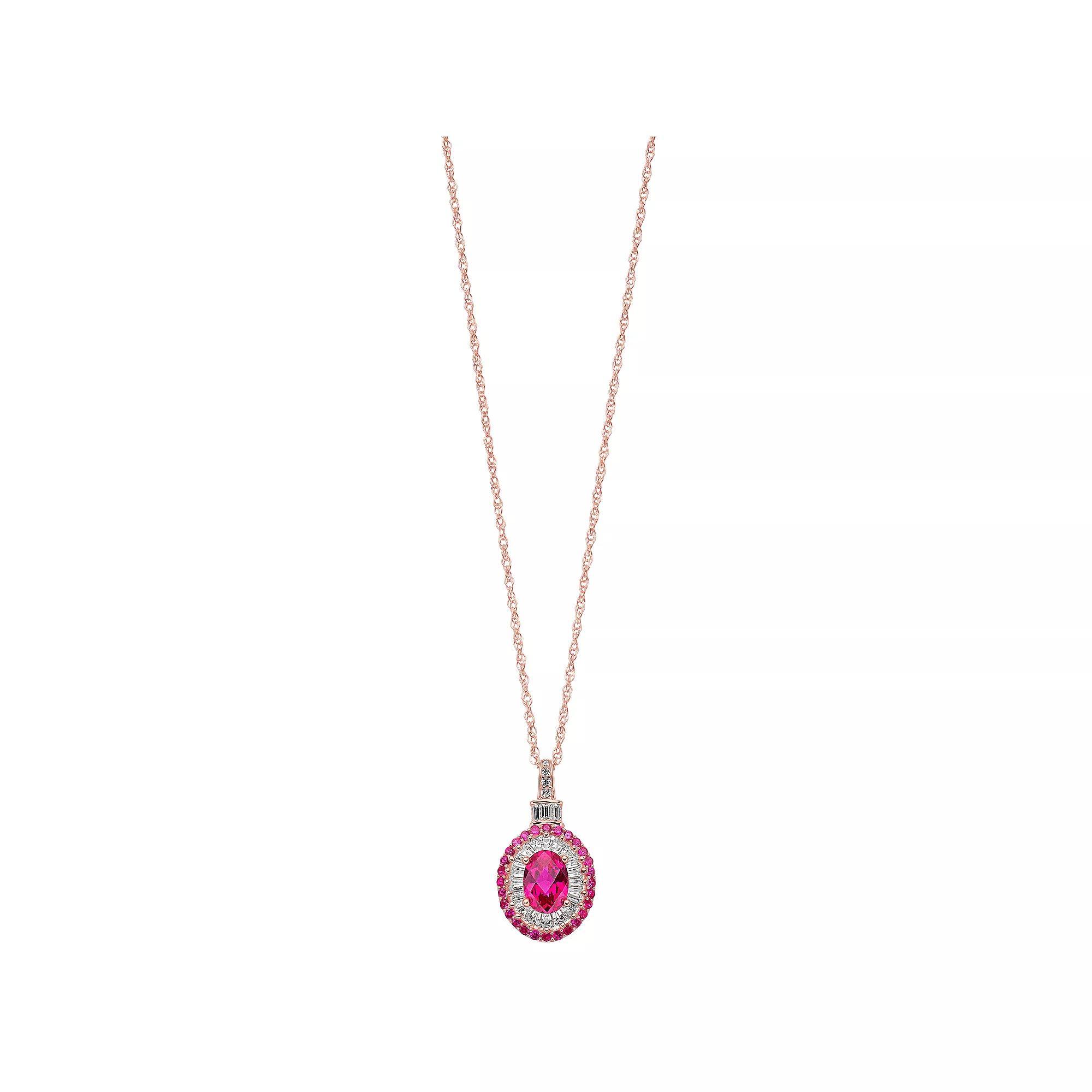 14k Rose Gold Over Silver Lab-Created Ruby & Lab-Created White Sapphire Oval Halo Pendant, Women's, Size: 18", Pink Tone Product Image